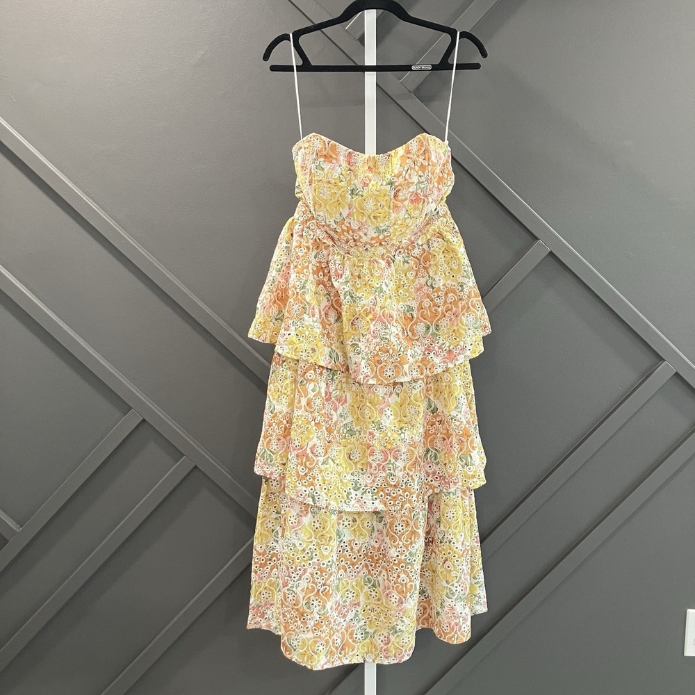 Stile Collection Lace Overlay Tiered Midi Dress Floral Pastel Spaghetti‎ Strap L